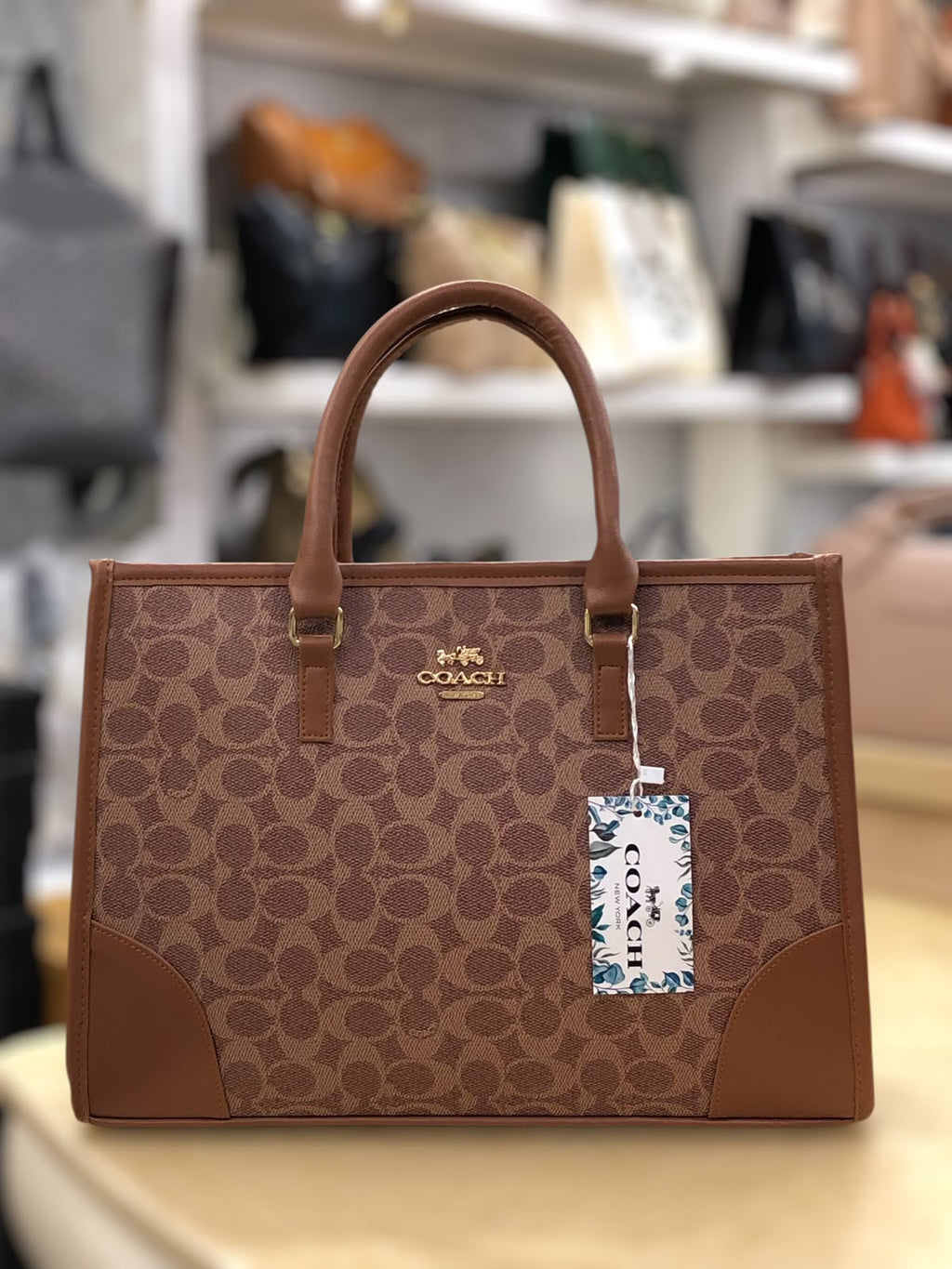 Coach Signature Print Tote Bag for Women with Double Top Handles and Spacious Everyday Carry Design - Beige Rs 3,123