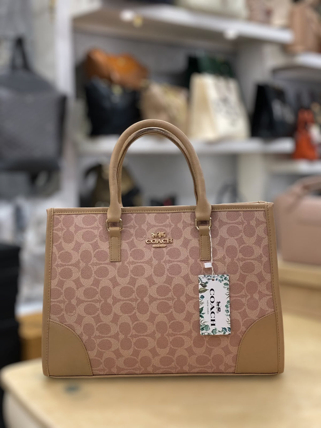 Coach Signature Print Tote Bag for Women with Double Top Handles and Spacious Everyday Carry Design - Beige Rs 3,123
